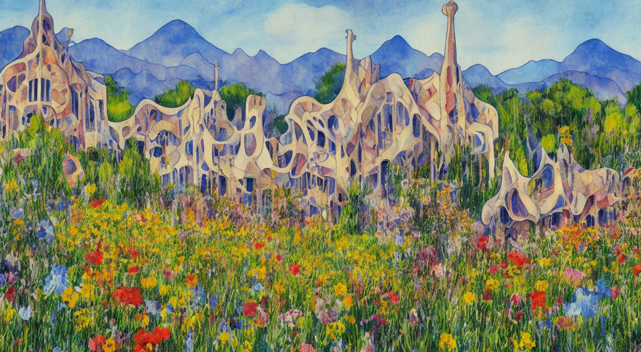 Image similar to a landscape painting of a house designed by Antoni Gaudí, with flower fields as foreground, with mountains as background