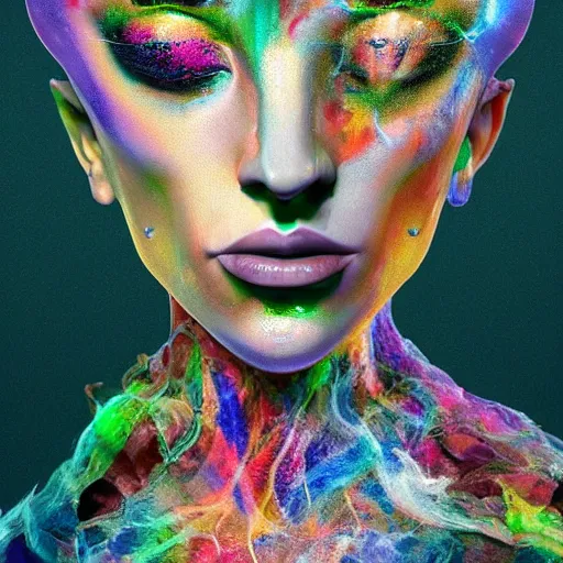 Image similar to Portrait of salvia trip faerie goddess Lady Gaga. Claymation. intricate abstract. intricate artwork. nightmare fuel. by Dave McKean. octane render, trending on artstation, greg rutkowski very coherent symmetrical artwork. cinematic, hyper realism, high detail, octane render, 8k, iridescent accents