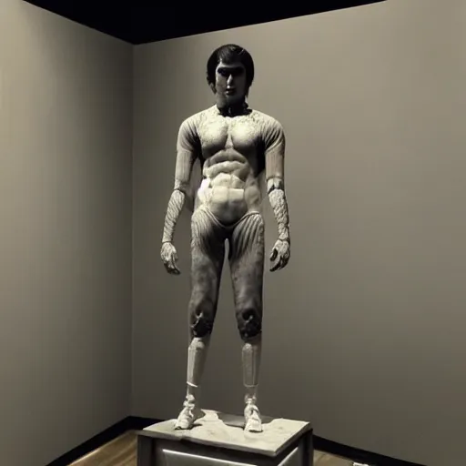 Image similar to “a realistic detailed photo of a guy who is an attractive humanoid who is half robot and half humanoid, who is a male android, American freestyle and folkstyle wrestler from Oklahoma AJ Ferrari, shiny skin, posing like a statue, blank stare, at a museum, on display”