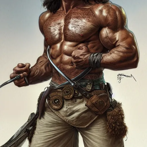 Prompt: portrait of a rugged ranger, muscular, upper body, hairy torso, D&D, fantasy, intricate, elegant, highly detailed, digital painting, artstation, concept art, matte, sharp focus, illustration, art by Artgerm and Greg Rutkowski and Alphonse Mucha