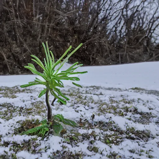 Prompt: a small extraterrestrial plant growing from the snow