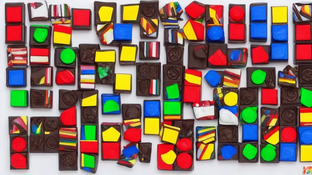 Prompt: unsolved rubik's cube made of various types of candy,