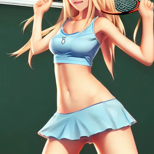 Prompt: a very beautiful young anime tennis girl, long blond hair, full body, sky blue eyes, ( full round face ), short smile, bikini, miniskirt, highly detailed, cinematic wallpaper by stanley artgerm lau