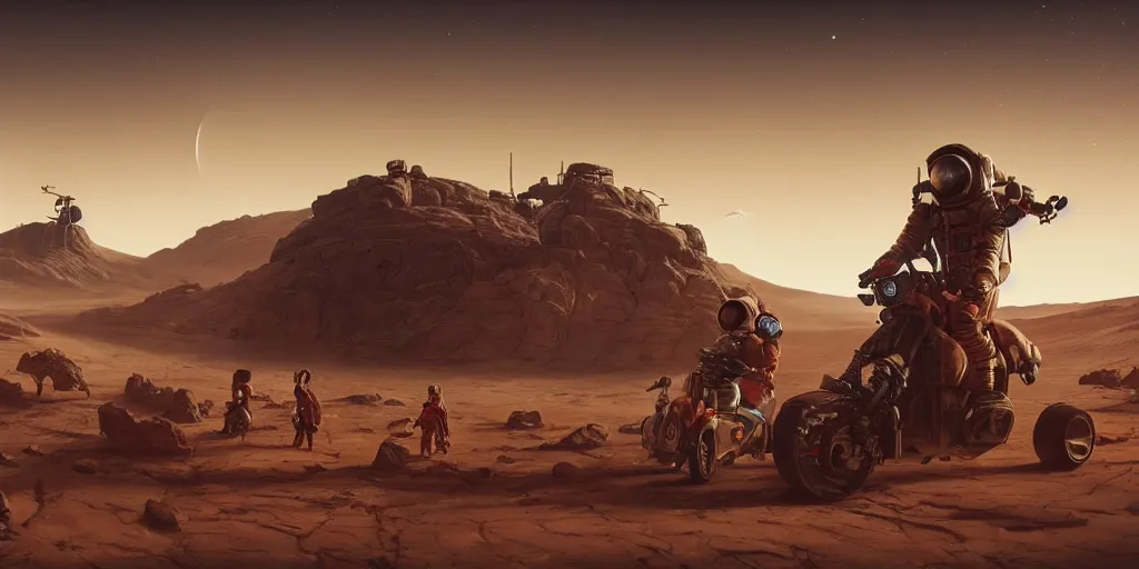Image similar to american astronaut driving a motorcycle in mars, tribe members chasing, action scene, an epic fantasy, dramatic lighting, cinematic, establishing shot, extremely high detail, photorealistic, cinematic lighting, artstation, octane render, by simon stalenhag, horizon forbidden west