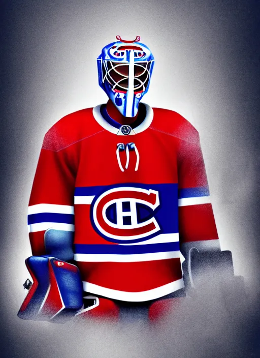 Image similar to habs carey price goalie, fog bionic vogue, james jean, trending on artstation