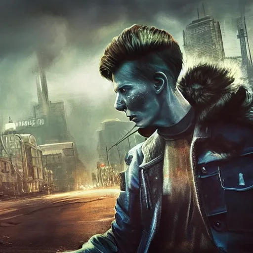 Image similar to fallout 5, charismatic david bowie, portrait, outdoors ruined cityscape, atmospheric lighting, painted, intricate, volumetric lighting, beautiful, daytime, sunny weather, slight overcast, sharp focus, deep colours, ultra detailed, by leesha hannigan, ross tran, thierry doizon, kai carpenter, ignacio fernandez rios