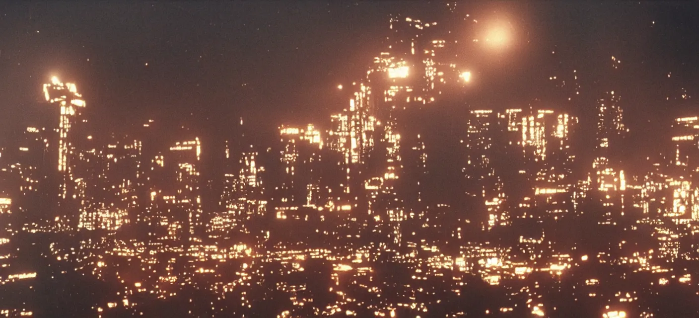 Prompt: C-beams glittering in the dark near the Tannhäuser Gate, still from Blade Runner (1982), Super Panavision 70