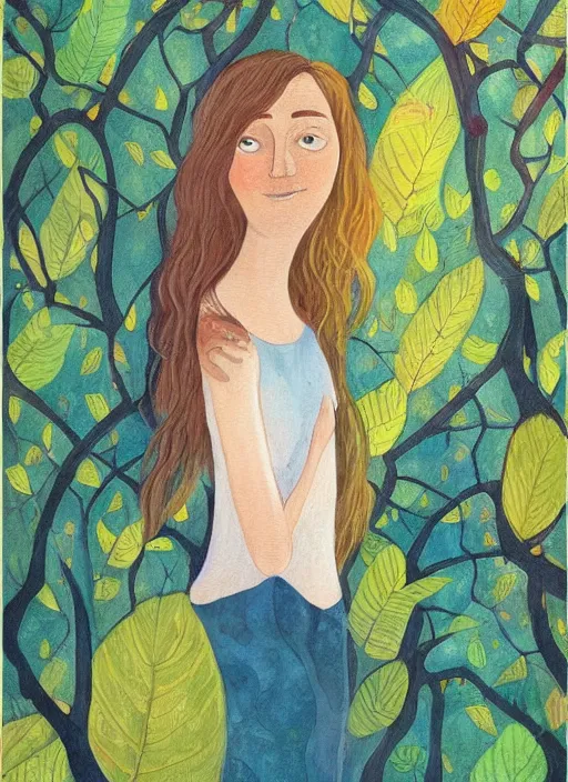 Image similar to a wonderful childrens illustration book portrait painting of a woman with serene emotion, art by tracie grimwood, forest, trees, many leaves, birds, whimsical, aesthetically pleasing and harmonious natural colors