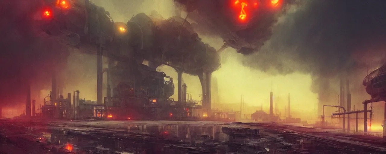 Image similar to ” polluted industrial alien landscape, [ smoke, soot, cinematic, detailed, epic, widescreen, opening, establishing, mattepainting, photorealistic, realistic textures, octane render, art by slop and paul lehr ] ”