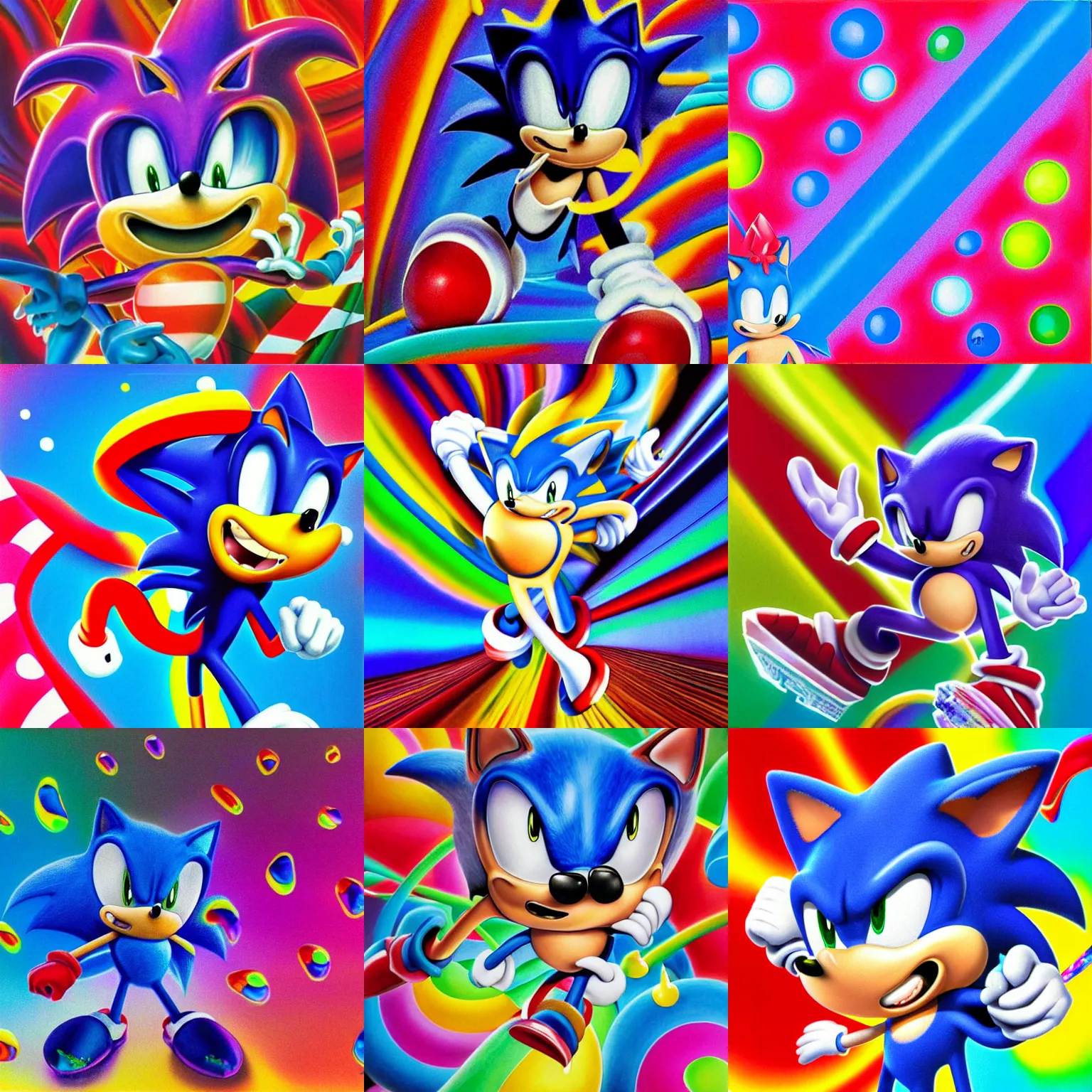 Prompt: surreal, sharp, sonic detailed professional, soft pastels, high quality airbrush art album cover of a liquid bubbles airbrush art lsd taffy dmt sonic the hedgehog dashing through cotton candy, iridescent checkerboard background, 1 9 9 0 s 1 9 9 2 sega genesis rareware video game album cover