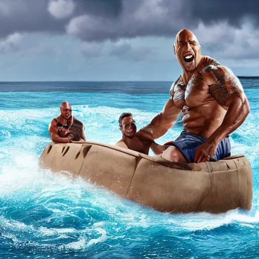 Image similar to photo of Dwayne Johnson yelling and riding a sark in the middle of the ocean, full shot, highly detailed face