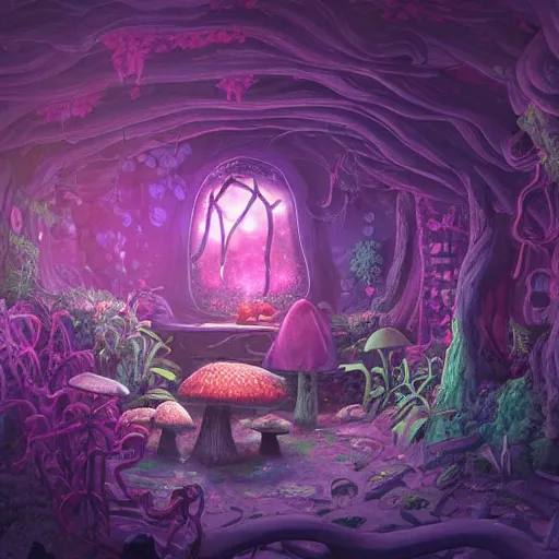 Image similar to concept art painting of a interior of a cozy alien fantasy cottage made of mushrooms and fungus, with black vines and magenta houseplants, blue and magenta light, realistic, detailed, cel shaded, dark, in the style of makoto shinkai and greg rutkowski and james gurney