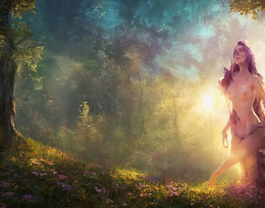 Image similar to traveling woman in magical forest, beautiful sky and sun shine, fantasy artwork, very beautiful scenery, hd, hdr, ue 5, ue 6, unreal engine 5, cinematic 4 k wallpaper, 8 k, ultra detailed, by popular digital, details, beautiful image ever created, high resolution, artstation, award winning, detailed body, details face, realistic body proportions