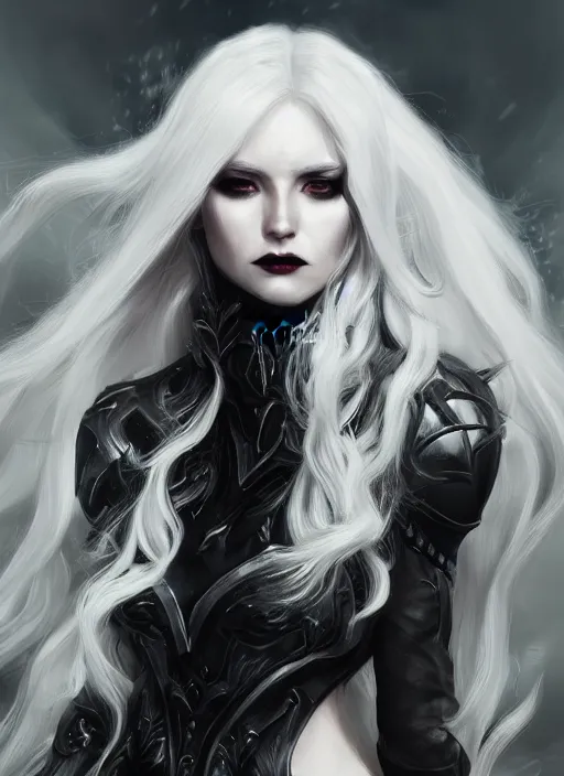 Image similar to a highly detailed illustration of fierce beautiful long white haired horned demon woman wearing black battle dress, dramatic power pose, perfect face, perfect body, intricate, elegant, highly detailed, centered, digital painting, artstation, concept art, smooth, sharp focus, league of legends concept art, wlop.