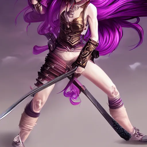 Image similar to beautiful female warrior with long purple hair and katana in epic fighting pose, highly detailed, trending on artstation, stylized, by WLOP