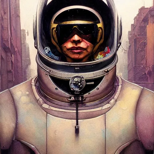 Image similar to a concept art portrait of masked diesel punk astronaut on the art deco streets of the big city, artstation, award - winning realistic sci - fi concept art by jim burns and greg rutkowski, beksinski, a realism masterpiece, muted color palette, james gilleard, bruegel, alphonse mucha, and yoshitaka amano