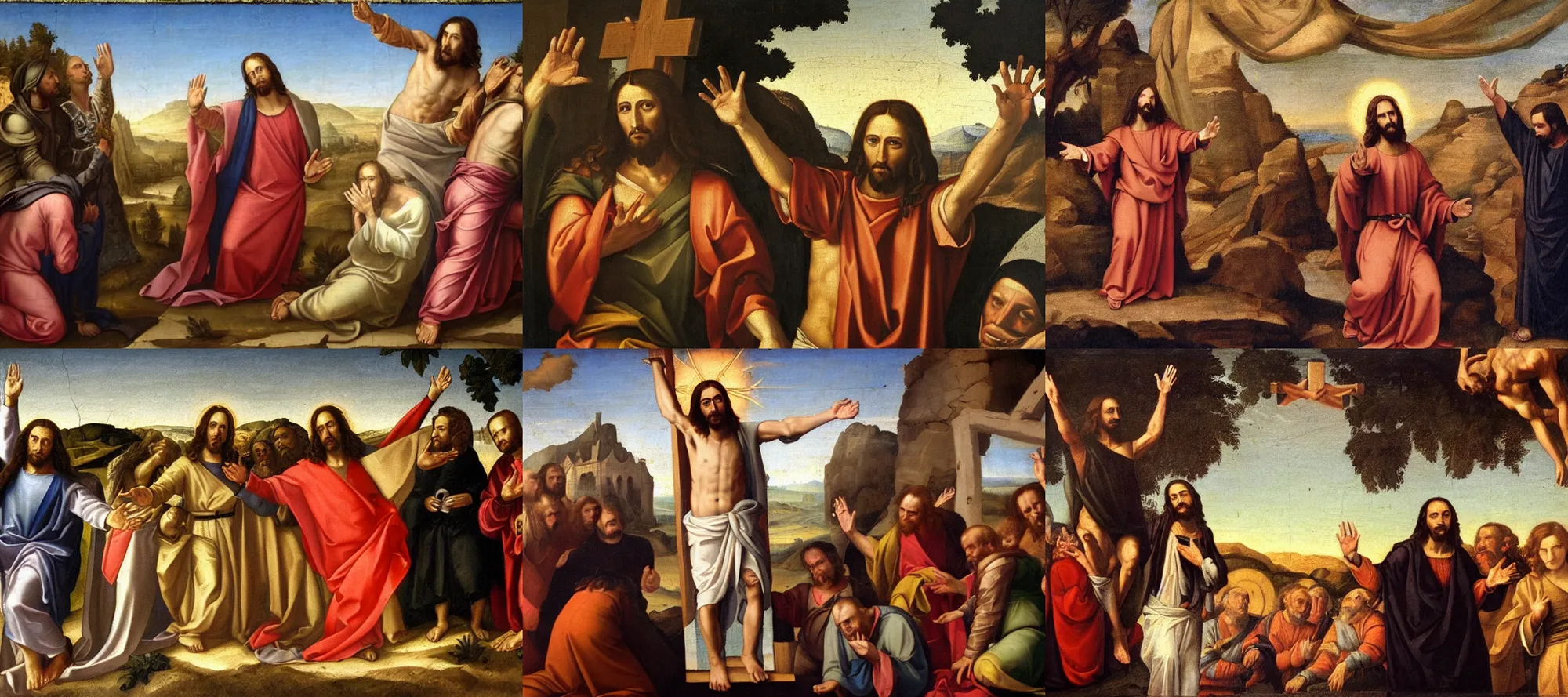 Prompt: renaissance oil painting of jesus stepping into a time portal at his crucifixion waving goodbye and saying peace out, bitches