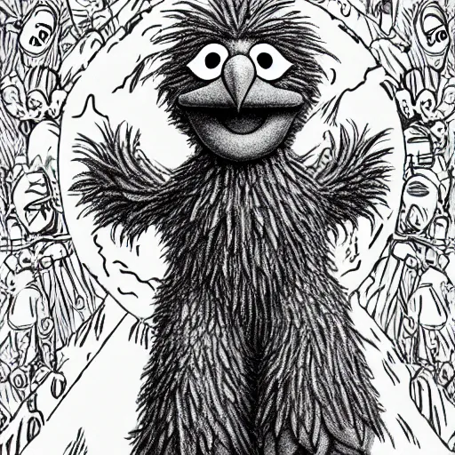 Image similar to big bird from sesame street, style of kentaro miura!!!!, black and white, undead