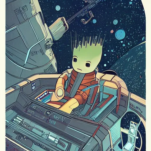 Prompt: baby groot in the space ship, by victo ngai