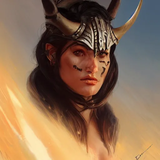 Prompt: portrait of a strong fierce female berber tiefling barbarian with devil horns and black hair in a ponytail wearing a steel chestplate in a desert, fantasy, highly detailed, digital painting, artstation, concept art, character art, art by greg rutkowski and tyler jacobson and alphonse mucha