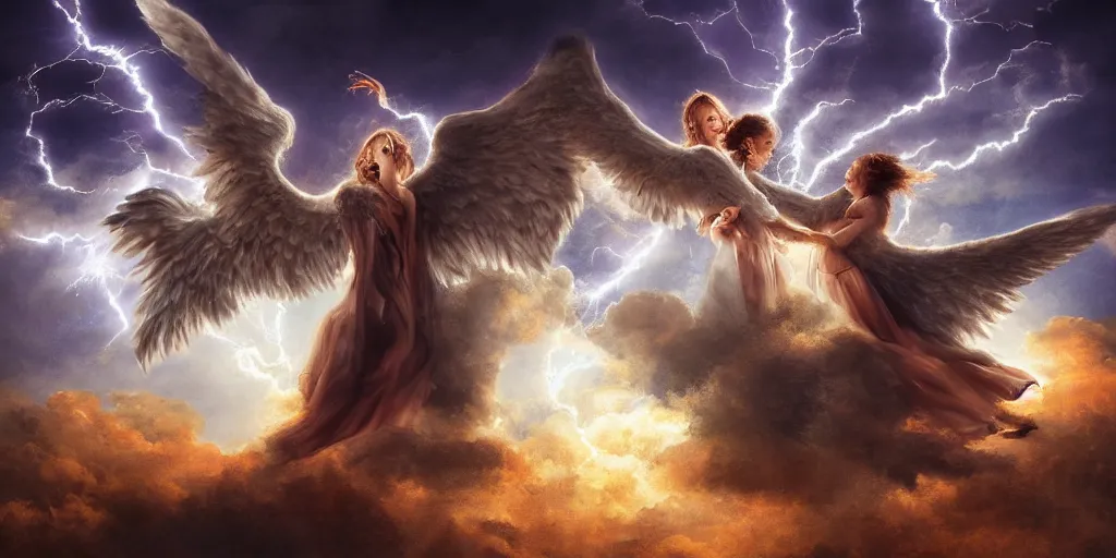 Image similar to young couple falling through clouds, winged angel kissing demon with tail. background clouds, illuminated by lightning and fire. highly detailed. photorealistic