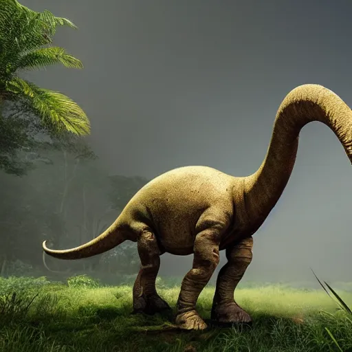 Image similar to a brontosaurus with battle armor and mounted guns walking in a lush jungle, unreal engine, hyperrealistic, volumetric lighting, raytraced