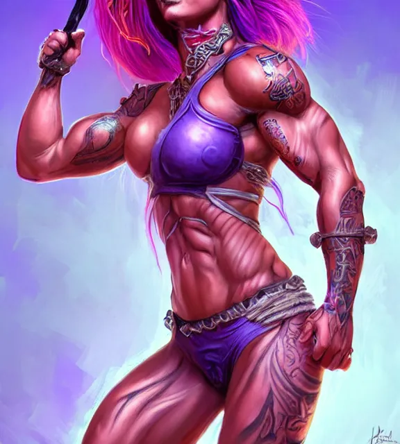 Image similar to muscular female warrior holding knife hilt, perfect face, diadem, detailed neon tattoos, neon bikini armor, purple flowing hair, abs, cinematic, blush, stunning, athletic, strong, agile, highly detailed, psychedelic, digital painting, artstation, smooth, hard focus, rim lighting, back lighting, illustration, art by jessica rossier and and brian froud