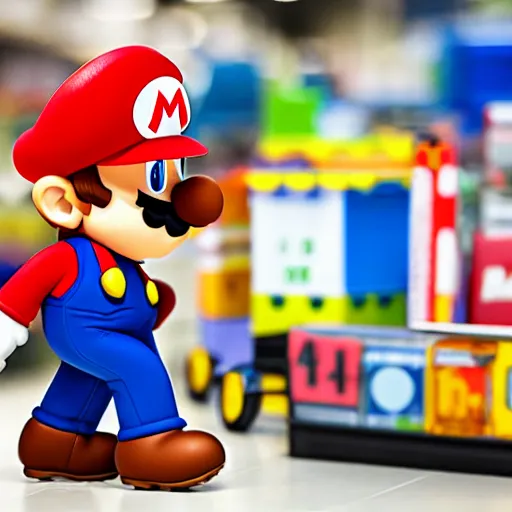 Image similar to Mario shopping in Walmart, highly detailed, high quality, HD, 4k, 8k, Canon 300mm, professional photographer, 40mp, lifelike, top-rated, award winning, realistic, sharp, no blur, edited, corrected, trending