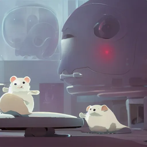 Image similar to baby harp seals being eaten by a robot hamsters on a techno cyborg alien world, atey ghailan, goro fujita, studio ghibli, scary lighting, clear focus, very coherent