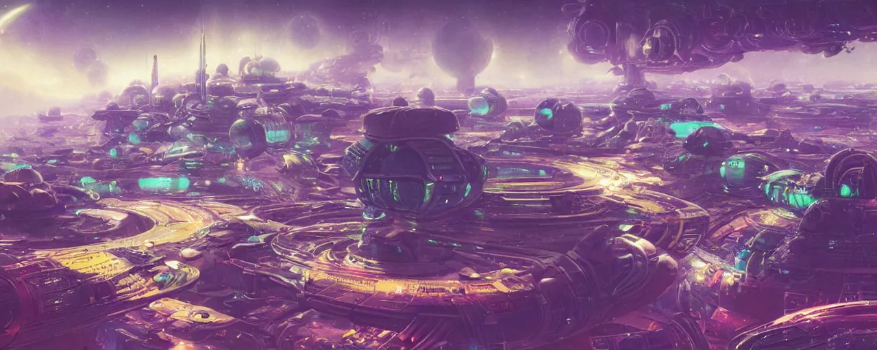 Image similar to ” intergalactic spaceport with clear plastic vehicle tubes, [ art by paul lehr, cinematic, detailed, epic, widescreen, opening, establishing, mattepainting, photorealistic, realistic textures, octane render ] ”