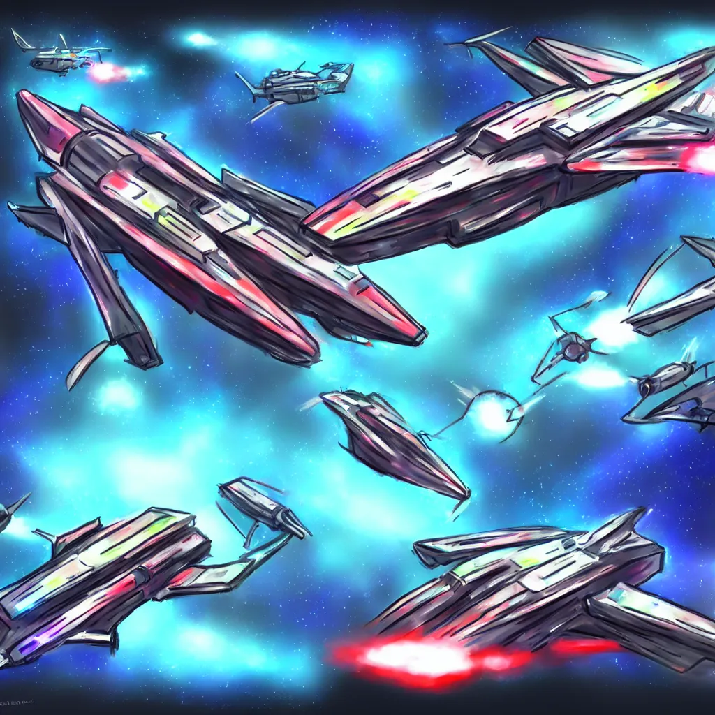 Image similar to combat spaceship concept art colorful