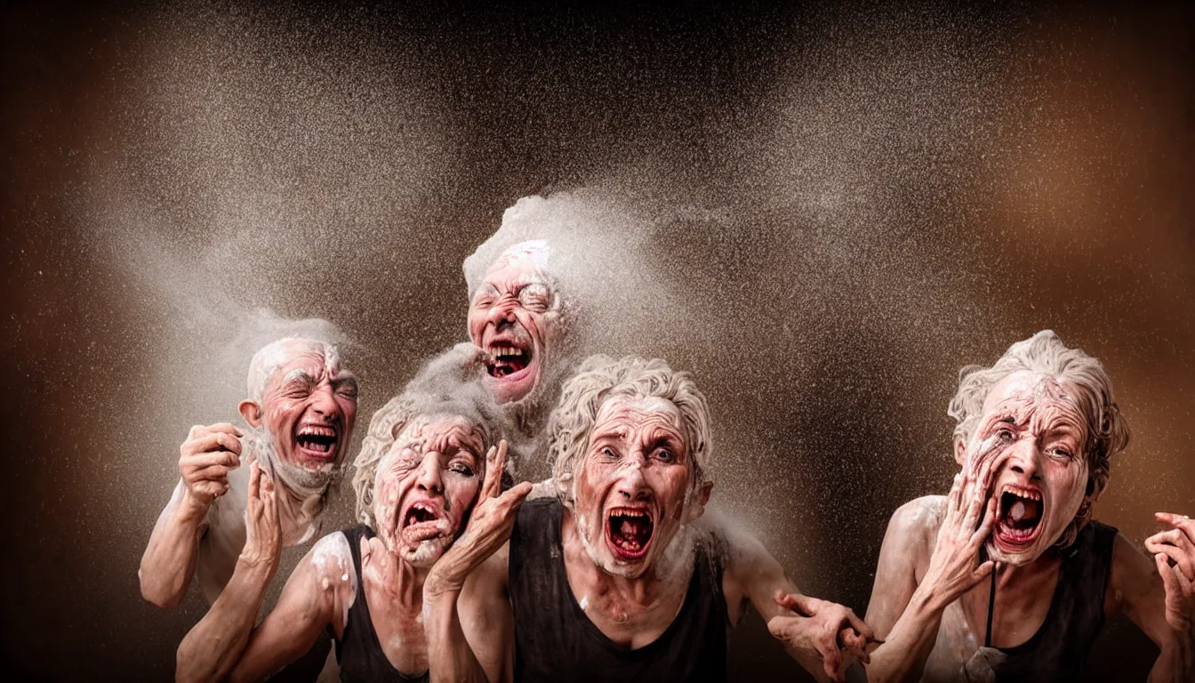 Prompt: o hyper realistic photo in a baroque hall, a weathered old man with a beautiful woman's screaming face, feedback loop, burst of powders, spraying liquid, volumetric lighting, twisting vapour, bellowing dust, emerging hands, full colour, upscale, 4 k
