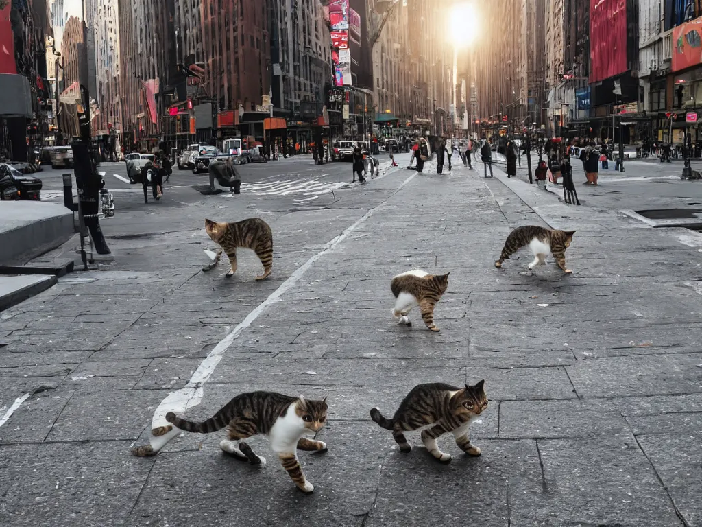 Image similar to cats walking like human in a street of new york, 4k ,ultra realistic details,