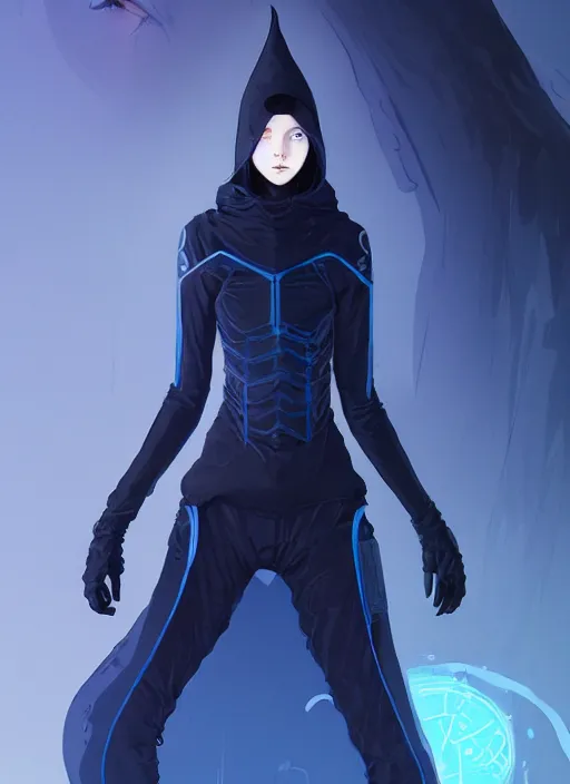 Prompt: full body portrait of blue witch within a techwear. cynical face, concept art, character illustrations, intricate, highly detailed 8 k, smooth, sharp focus, beautiful and aesthetic shape of face and body, artgerm, artstation, art by zexi guo and nira and junpei suzuki and gharliera and rinotuna