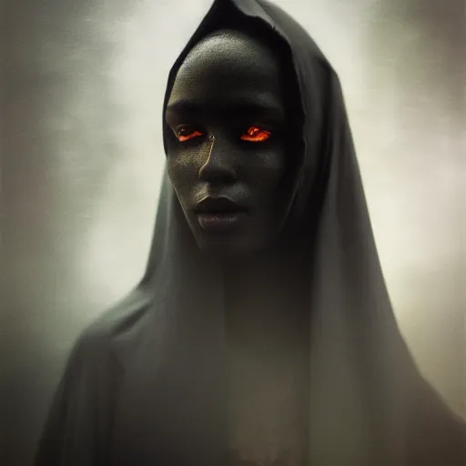 Image similar to a portrait of a young black woman wearing a long dark cloak, hood and shadows covering face, anatomically correct, beautiful perfect face, enigmatic, oil painting, matte painting, black background, Volumetric dynamic lighting, Highly Detailed, Cinematic Lighting, Unreal Engine, 8k, HD, by Beksinski