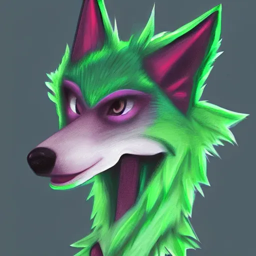 Image similar to Beautiful digital painting of an anthro anthropomorphic pastel-green wolf, Punk outfit. minimalist background