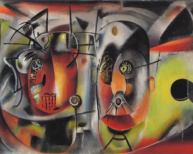 Image similar to Oil painting by Roberto Matta. Two mechanical gods with animal faces having a conversation. Oil painting by Yoshitomo Nara.