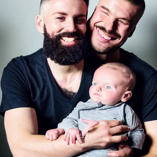 Image similar to a photo of a white man with a mid fade haircut and level 1 clipper beard that is happy with his 3 month year old baby boy.