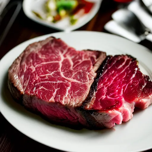 Prompt: A perfectly cooked medium rare steak, food photography, 35mm, macro