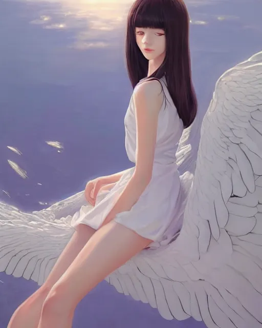 Image similar to infinitely detailed full - body portrait pale female peaceful dream angel wearing elegant clothes. beautiful! scenery art! by wlop & murata range, by ilya kuvshinov. artstation!! / pixiv!!