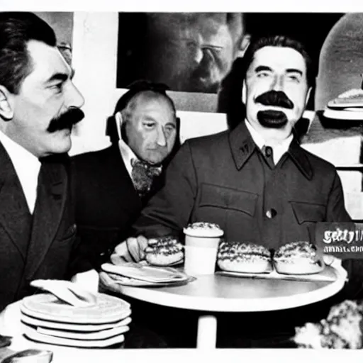 Image similar to joseph stalin eating at burger king, press photo, paparazzi