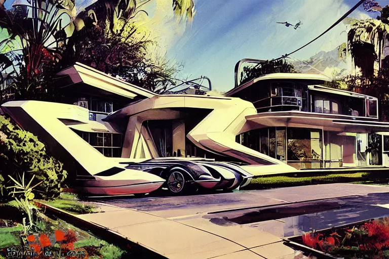 Prompt: retro futuristic motobike on driveway of futuristic house on hill, by syd mead, john berkey, jeremy mann, science fiction