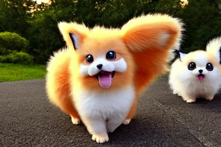 Image similar to real life pokemons, cute!!!, content!!!, mischievous!!!, adorable!!!, little furballs, fluffy!!!, ultra realistic!!!, golden hour, sharp focus