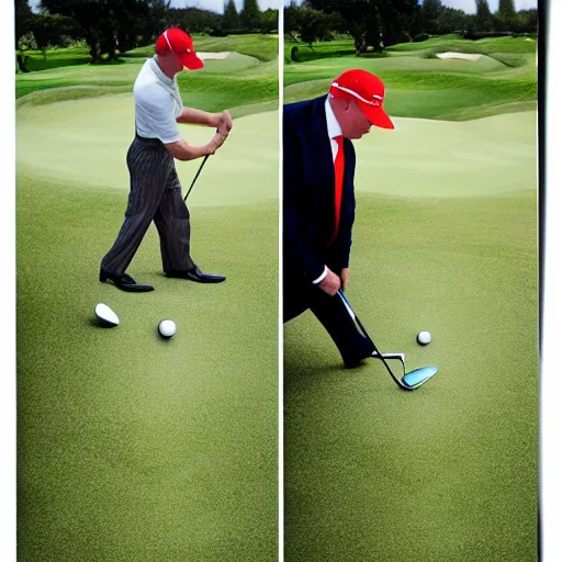 Prompt: Trump playing golf with Putin, realistic photo, 50mm, polaroid