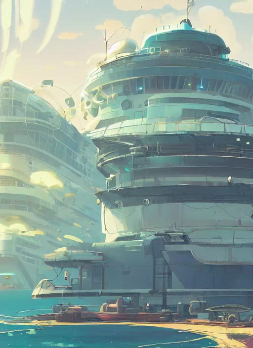 Prompt: cruise ship with vertical farm, nuclear powered, detailed, futuristic, cory loftis, james gilleard, atey ghailan, makoto shinkai, goro fujita, studio ghibli, rim light, exquisite lighting, clear focus, very coherent, plain background