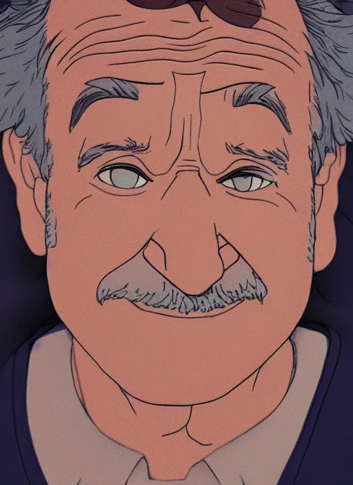 Prompt: illustration of Robin Williams, by Studio Ghibli, 8k, film still, cinematic, sharp focus, concept art, smooth