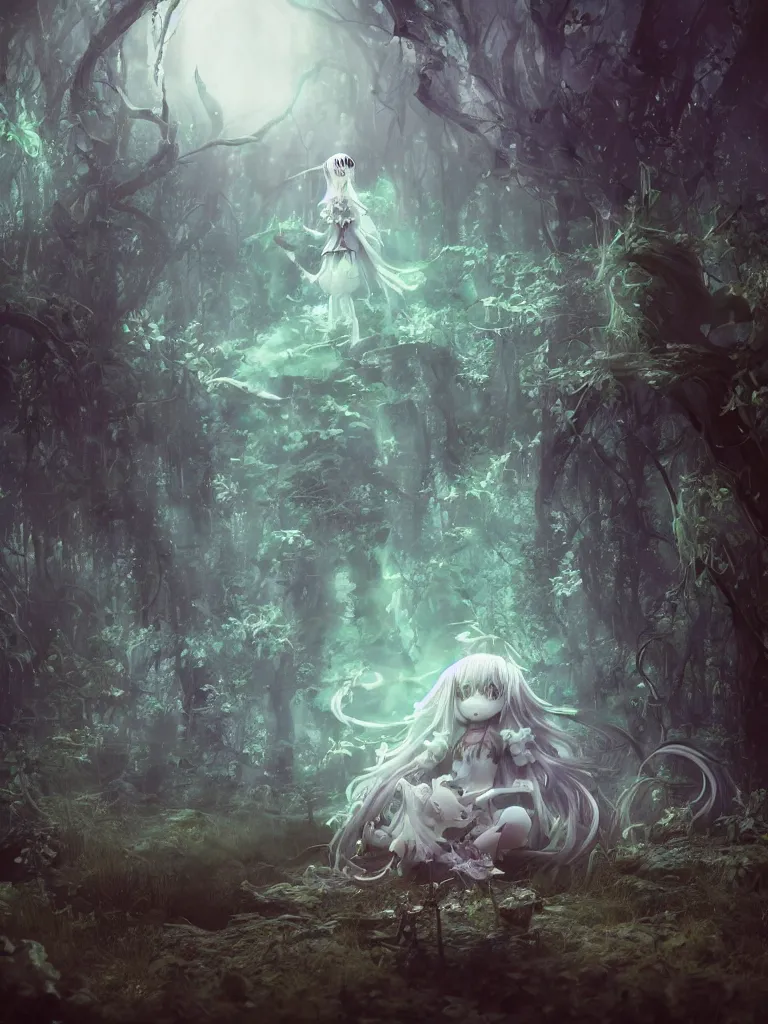 Prompt: cute fumo plush of a gothic maiden girl, inverse color, overdose, overgrown mystical mushroom forest temple, mysterious ritual, wisps of volumetric vortices of glowing smoke, long dark tattered umbra, vignette, vray