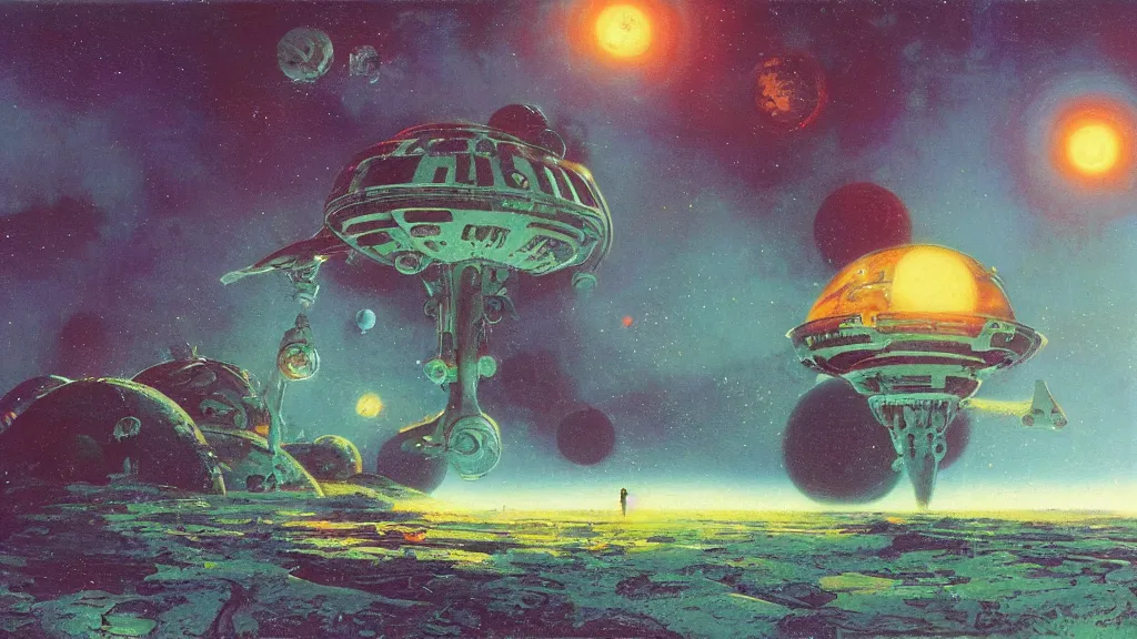 Image similar to spaceship landing on a strange eerie alien planet by Paul Lehr and Bruce Pennington