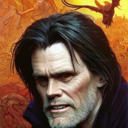 Image similar to jim carrey controlling evil ravens, demonic, evil, satanic, intricate, highly detailed, digital painting, artstation, concept art, smooth, sharp focus, illustration, unreal engine 5, 8 k, art by artgerm and greg rutkowski and alphonse mucha