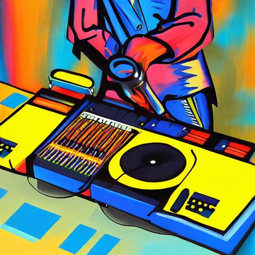 Image similar to painting of a dj mixing, trending on art station, deco art